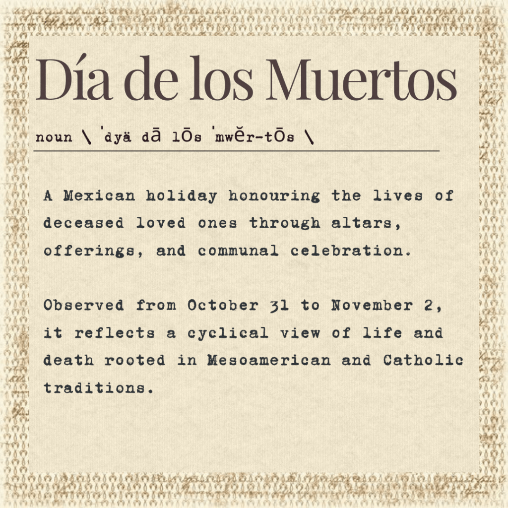 A decorative text block describing 'Día de los Muertos,' detailing its significance as a Mexican holiday honoring deceased loved ones through altars and communal celebration, with a textured background.