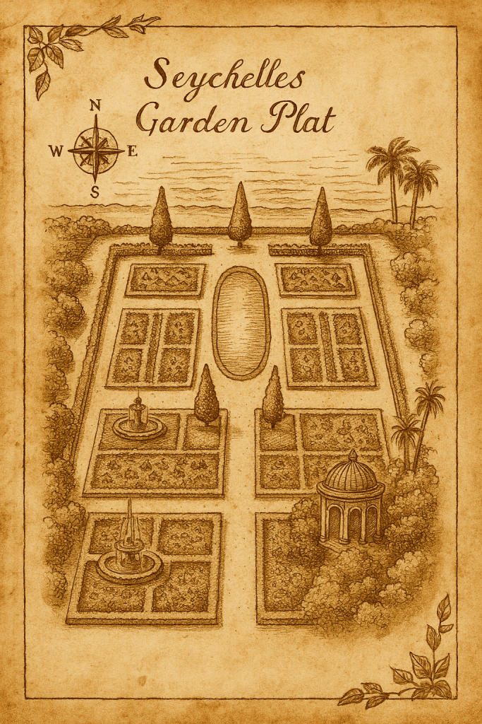 Sepia-toned vintage illustration of a Seychelles garden plat featuring symmetrical layout with central water feature, parterres, tree-lined allees, coastal backdrop, labeled beds for yams, cassava, coconuts, and colonial crops like cinnamon and vanilla—styled in manuscript engraving on parchment.