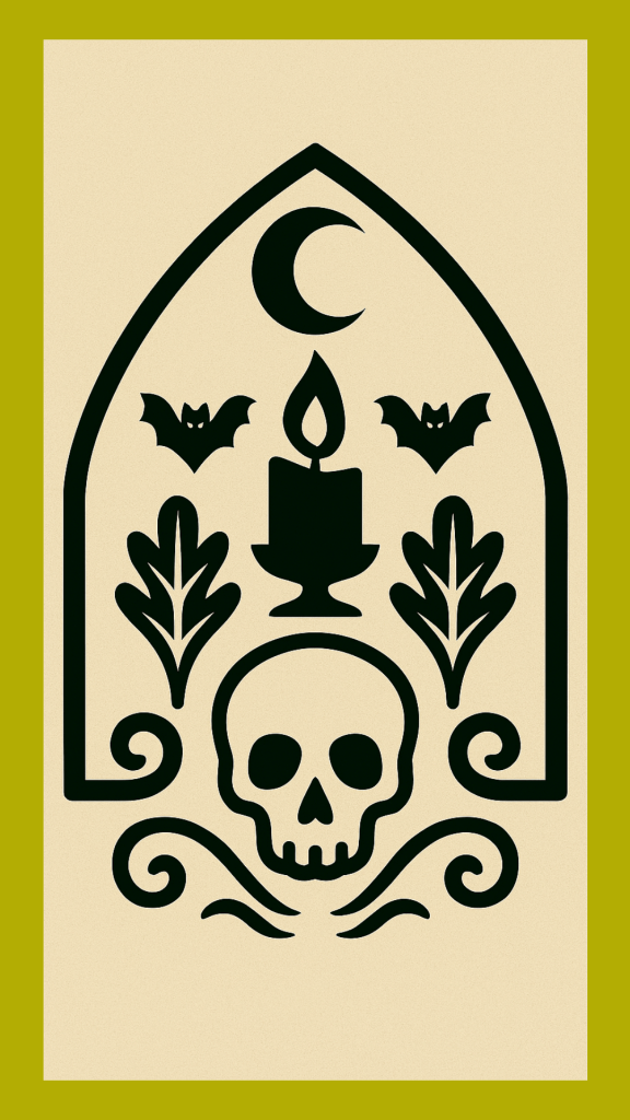 Stylised lockscreen illustration in black and ochre featuring symbolic elements of Día de los Muertos: crescent moon, candle, bats, laurel leaves, and skull. Set within a pointed arch frame and bordered in olive green, the design evokes themes of ancestral honouring, night, and sacred offerings.