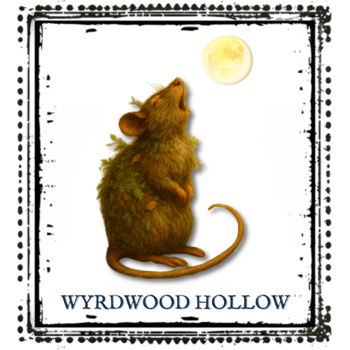 A whimsical illustration of a mouse with moss on its back, gazing up at a full moon, framed by a decorative border and the text 'Wyrdwood Hollow' at the bottom.