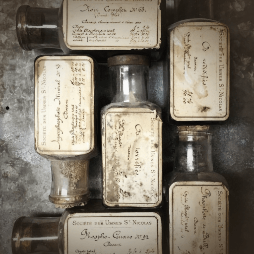 A collection of vintage glass bottles with handwritten labels, displaying various contents, arranged on a weathered surface.