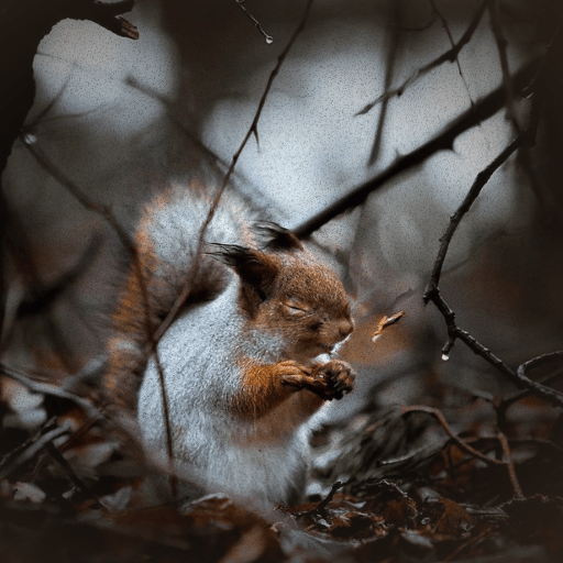 A close-up of a squirrel sitting among twigs and leaves, eyes closed as it holds a nut, with a blurred forest background.