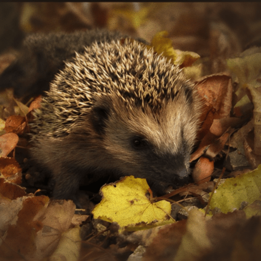 A close-up of a hedgehog surrounded by autumn leaves.