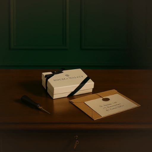 A decorative white box tied with a black ribbon labeled 'HOUSE OF WALLACE' sits on a wooden table next to a brown envelope with a wax seal and handwritten address.