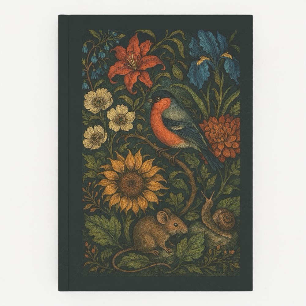 A decorative journal cover featuring a colorful illustration of a bird, flowers, a mouse, and a snail on a dark background.
